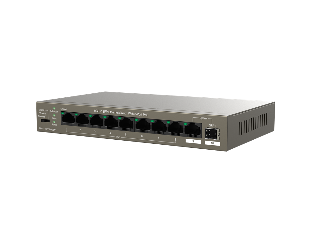 Tenda TEG1110PF-8-102W 8xGbE PoE LAN 1xGbE LAN 1xSFP port nem menedzselhető asztali PoE switch