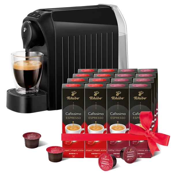 Tchibo Cafissimo Easy Black kapszulás kávéfőző +Caf. Espresso Elegant Aroma 8x10db + Caf. Espresso Intense Aroma 8x10db