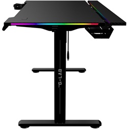The G-Lab K DESK PLATINIUM (140x75cm, fém, pohár, fejhallgatótartó, motoros magasság áll., RGB) fekete gamer asztal