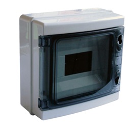 Tracon EDFKIP65-8/1 1×8 mod/ H×W×D=210×215×100mm/ IP65/ 660V AC átlátszó ajtóva/ N/PE sínnel falon kívüli e