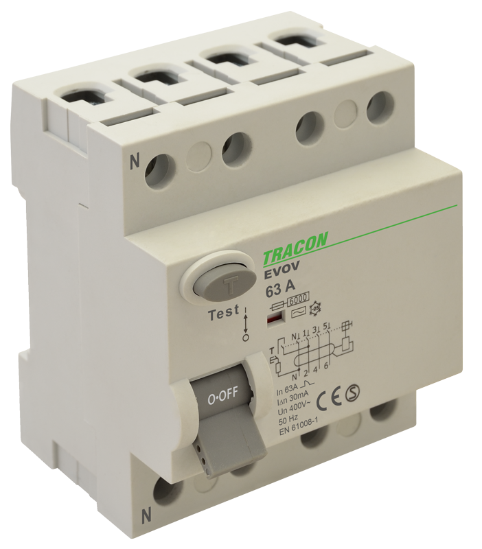 Tracon EVOV4P6303 4 pólusú 63A 30mA 6kA AC áram-védőkapcsoló