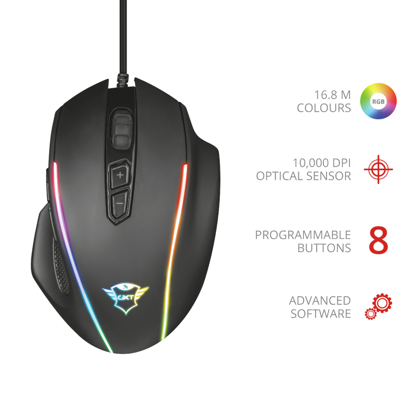 Trust GXT 165 Celox RGB fekete gamer egér