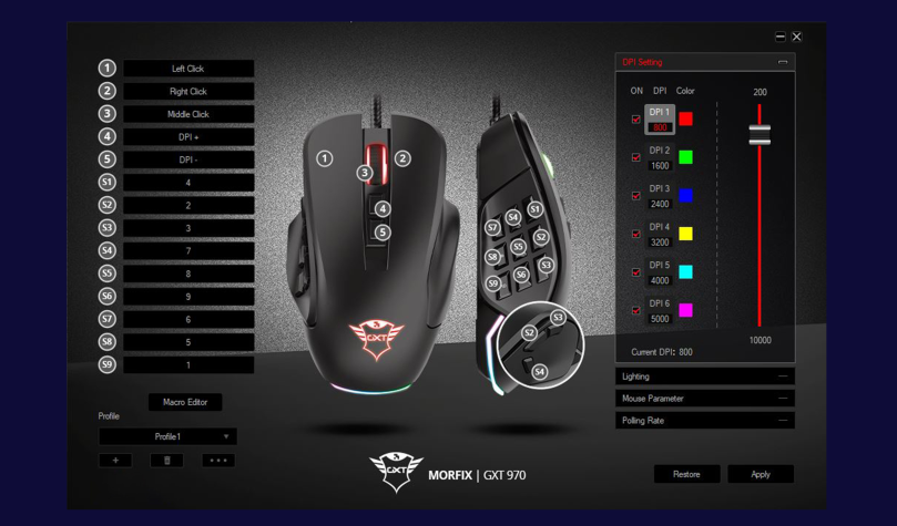 Trust GXT 970 Morfix cserélhető gombos 10000dpi RGB gamer egér
