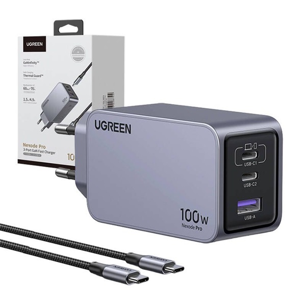 UGREEN Nexode Pro 100W GaN USB/2xUSB-C szürke hálózati töltő