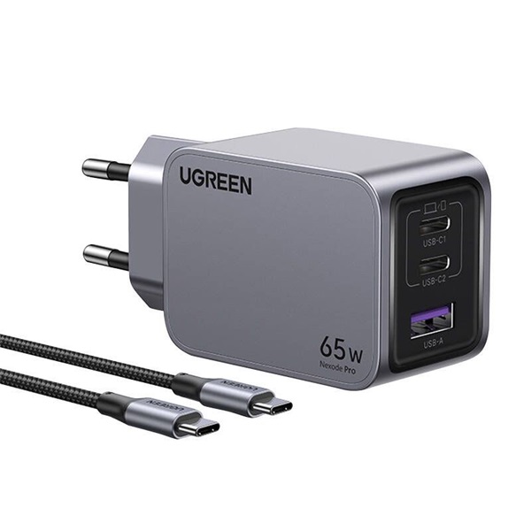 UGREEN Nexode Pro 65W USB/2xUSB-C fekete hálózati töltő + Type-C kábel