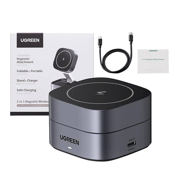 UGREEN W256 Qi 2in1 20W fekete töltőállomás + Type-C kábel
