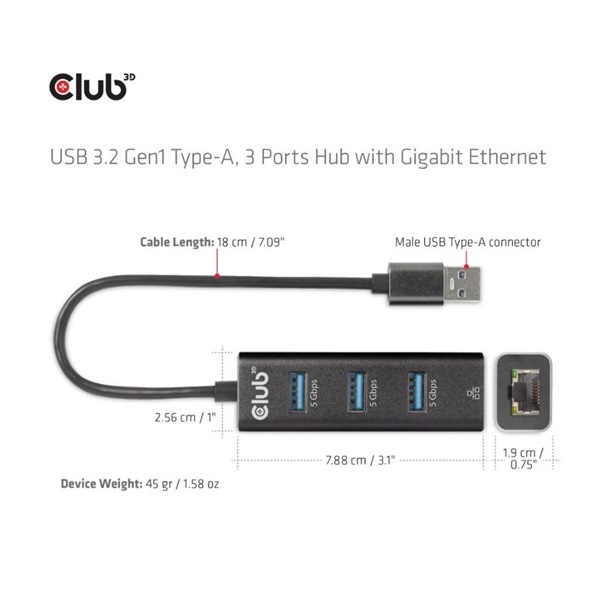 USB Club3D USB 3.2 Gen1 Type-A, 3 Ports Hub with Gigabit Ethernet