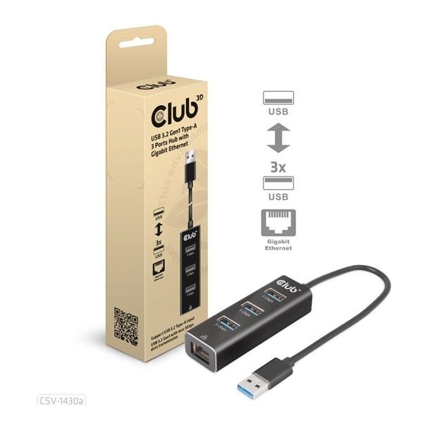 USB Club3D USB 3.2 Gen1 Type-A, 3 Ports Hub with Gigabit Ethernet