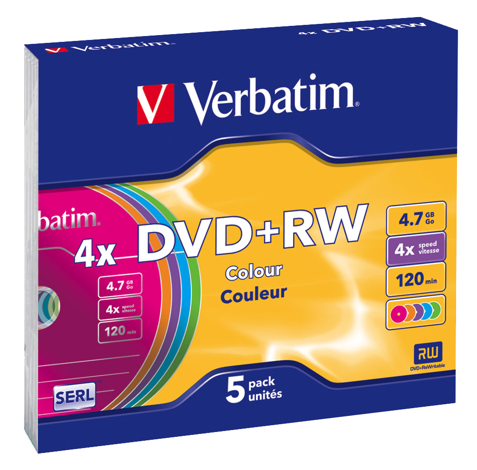 VERBATIM 43297 DVD+RW 4,7GB/4x/színes írható felület/újraírható DVD 5db/csomag
