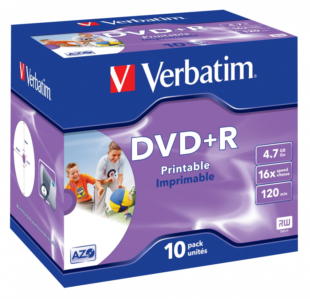 VERBATIM 43508 DVD+R 4.7GB egyszer írható DVD, 16x, 10db kiszerelés, nyomtatható felület
