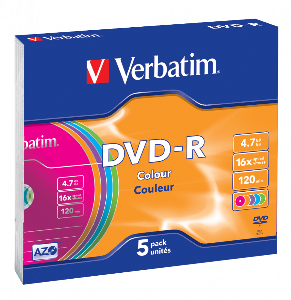 VERBATIM 43557 DVD-R 4,7GB/16x/színes írható felület/egyszer írható DVD 5db/csomag