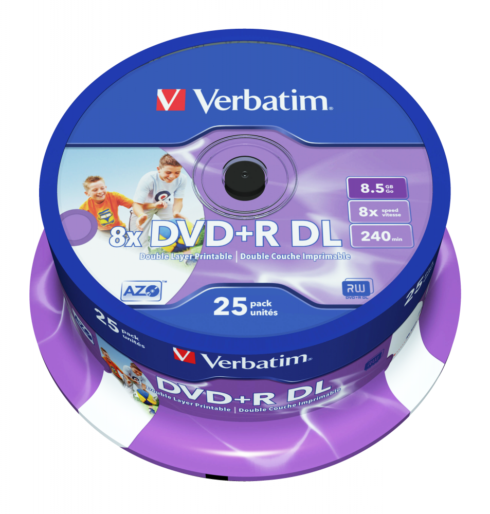 VERBATIM 43667 DVD+R 8,5GB/kétrétegű/8x/nyomtatható felület/egyszer írható DVD 25db/csomag