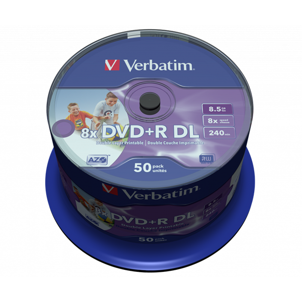 VERBATIM 43703 DVD+R 8,5GB/kétrétegű/8x/nyomtatható felület/egyszer írható DVD 50db/csomag