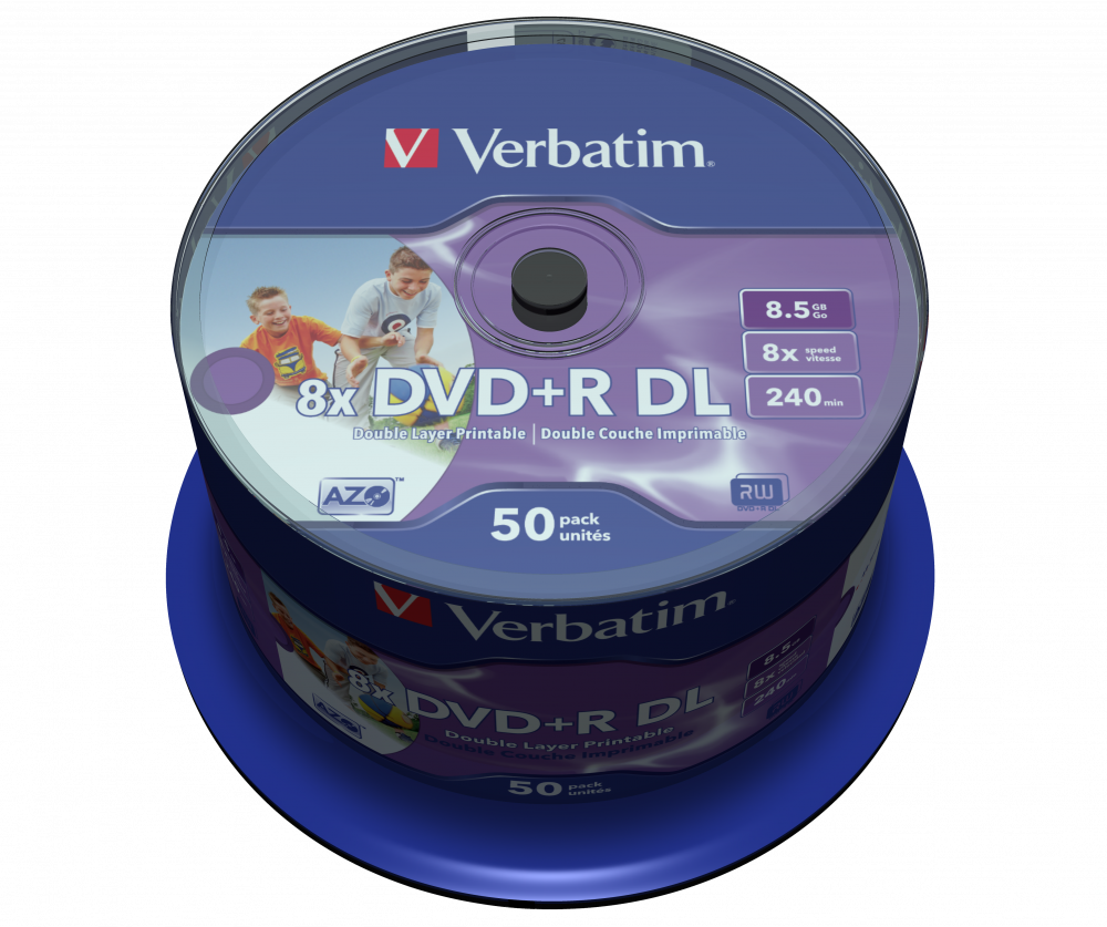 VERBATIM 43703 DVD+R 8,5GB/kétrétegű/8x/nyomtatható felület/egyszer írható DVD 50db/csomag