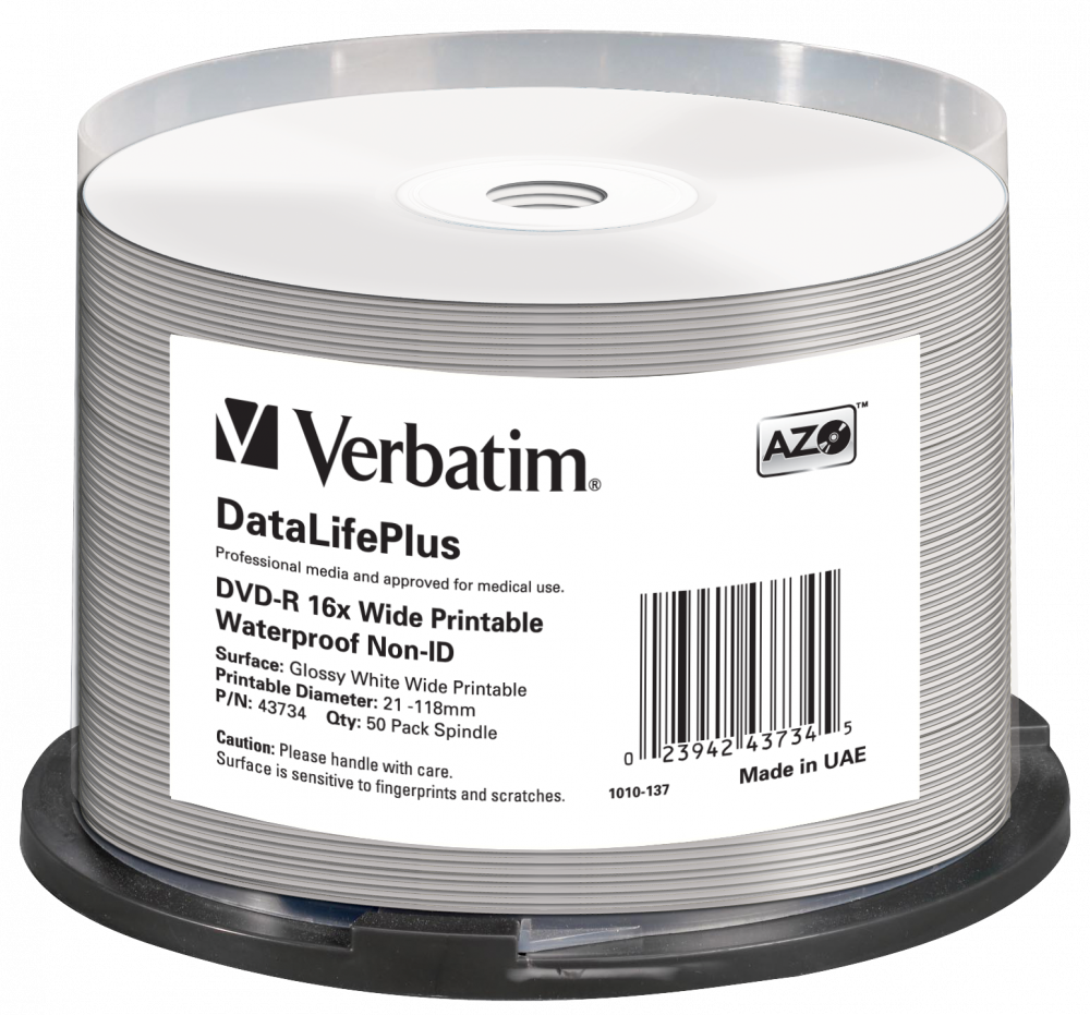 VERBATIM 43734 DVD-R 4,7GB/16x/vízálló nyomtatható felület/egyszer írható DVD 50db/csomag