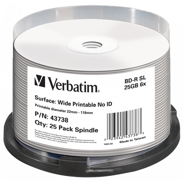 VERBATIM 43738 BD-R 25GB/egyrétegű/6x/nyomtatható felület/egyszer írható Blu-Ray 25db/csomag