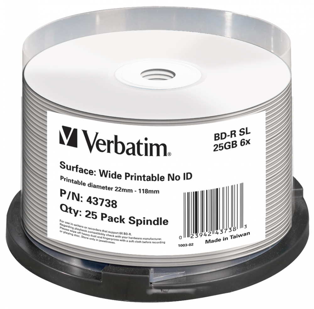 VERBATIM 43738 BD-R 25GB/egyrétegű/6x/nyomtatható felület/egyszer írható Blu-Ray 25db/csomag
