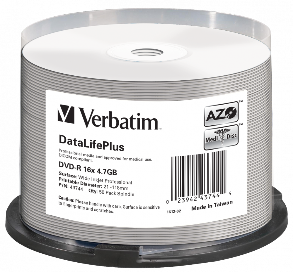 VERBATIM 43744 DVD-R 4,7GB/16x/nyomtatható felület/egyszer írható DVD 50db/csomag