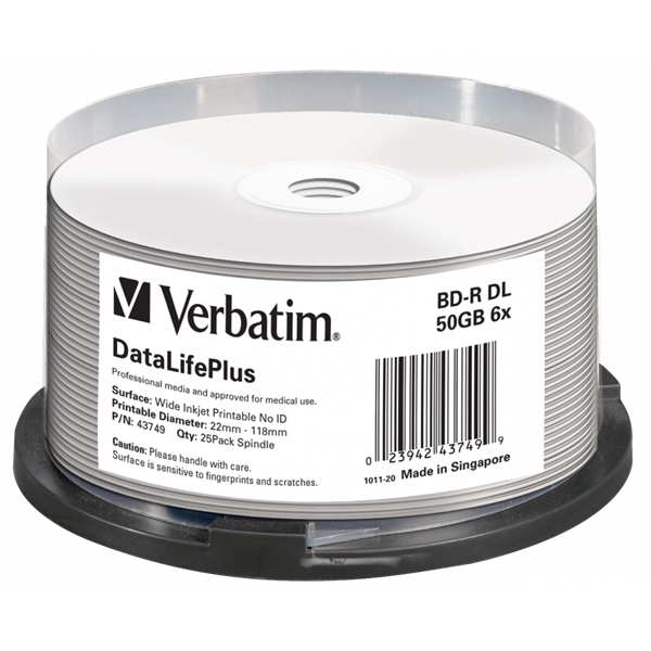 VERBATIM 43749 BD-R 50GB/kétrétegű/6x/nyomtatható felület/egyszer írható Blu-Ray 25db/csomag