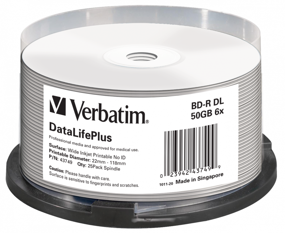 VERBATIM 43749 BD-R 50GB/kétrétegű/6x/nyomtatható felület/egyszer írható Blu-Ray 25db/csomag