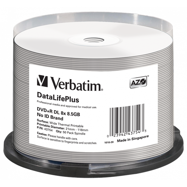 VERBATIM 43754 DVD+R 8,5GB/kétrétegű/8x/hő nyomtatható felület/egyszer írható DVD 50db/csomag