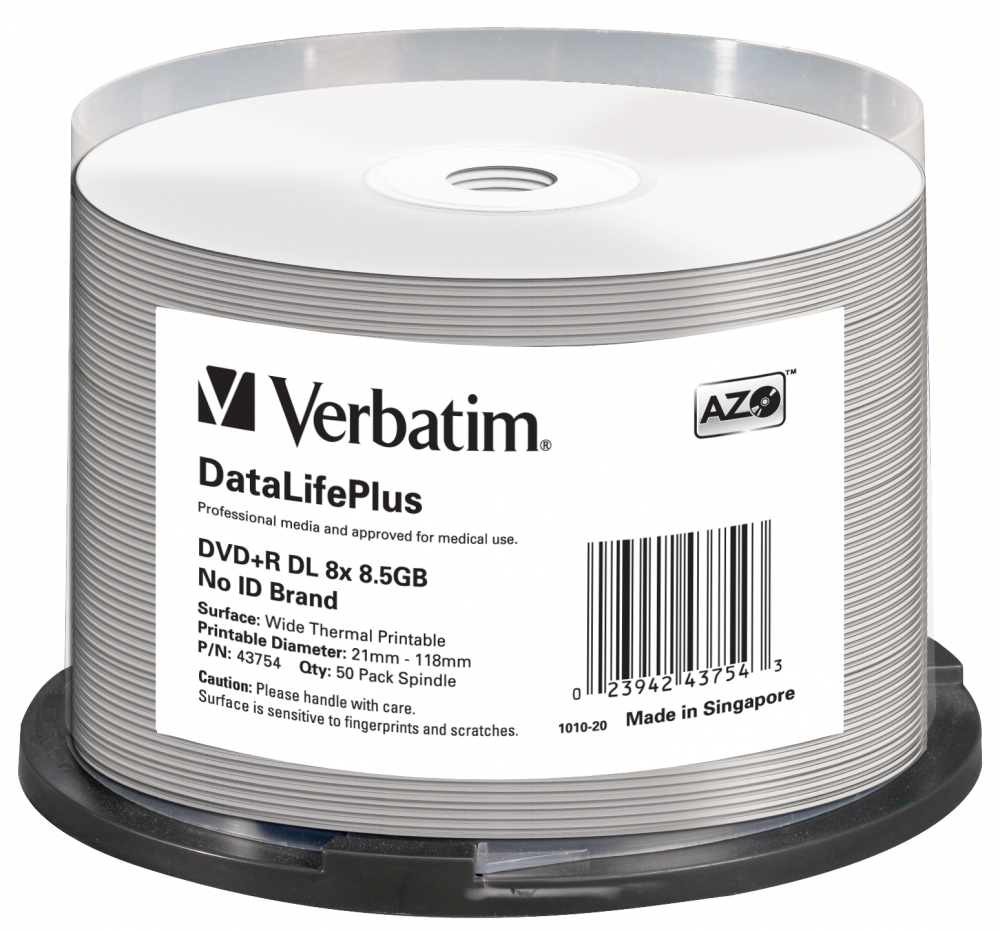 VERBATIM 43754 DVD+R 8,5GB/kétrétegű/8x/hő nyomtatható felület/egyszer írható DVD 50db/csomag