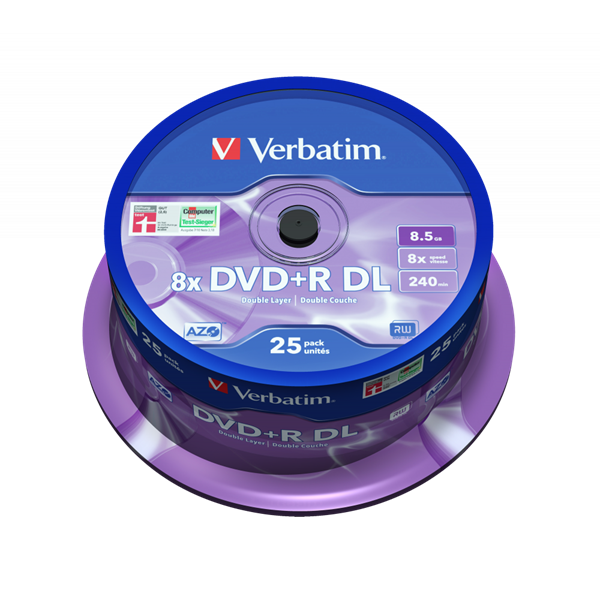 VERBATIM 43757 DVD+R 8,5GB/kétrétegű/8x/matt ezüst írható felület/egyszer írható DVD 25db/csomag