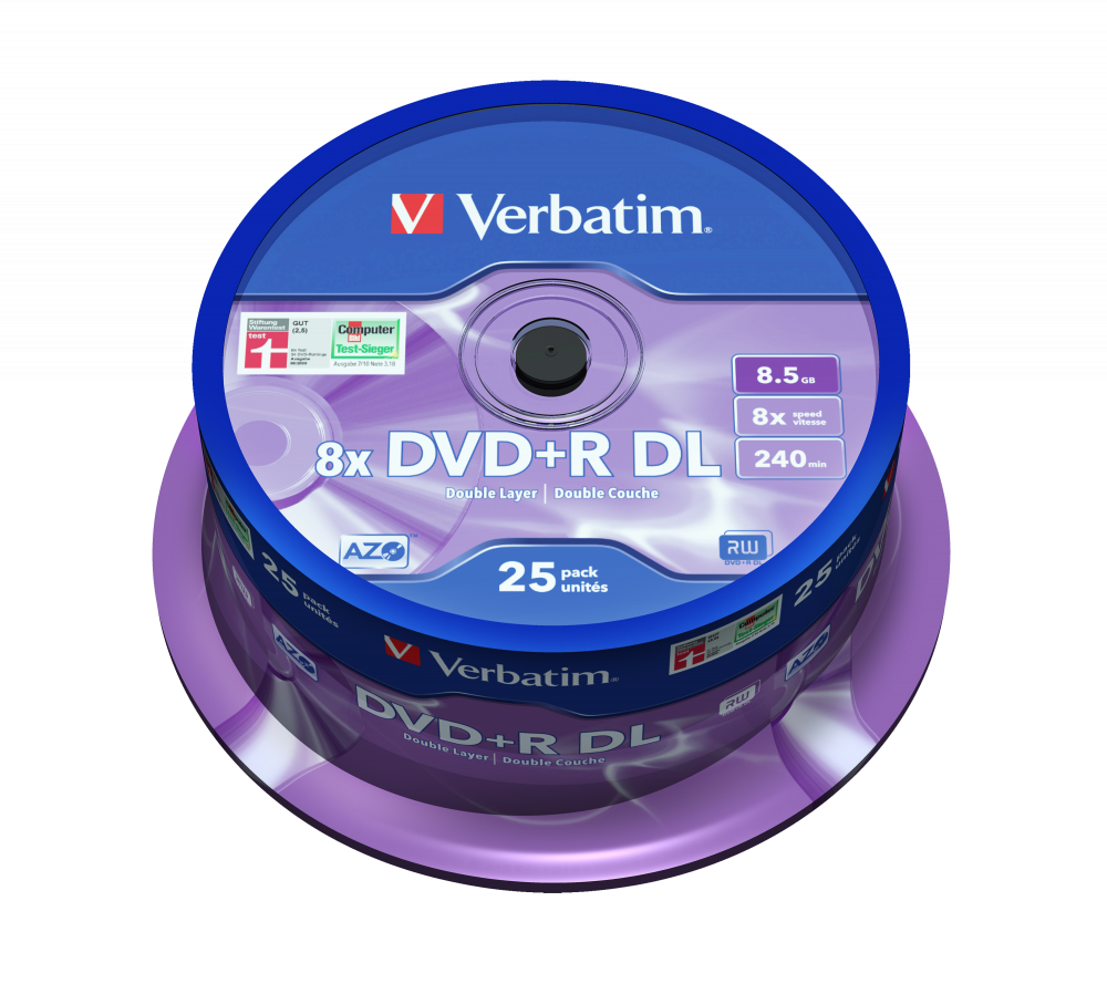 VERBATIM 43757 DVD+R 8,5GB/kétrétegű/8x/matt ezüst írható felület/egyszer írható DVD 25db/csomag