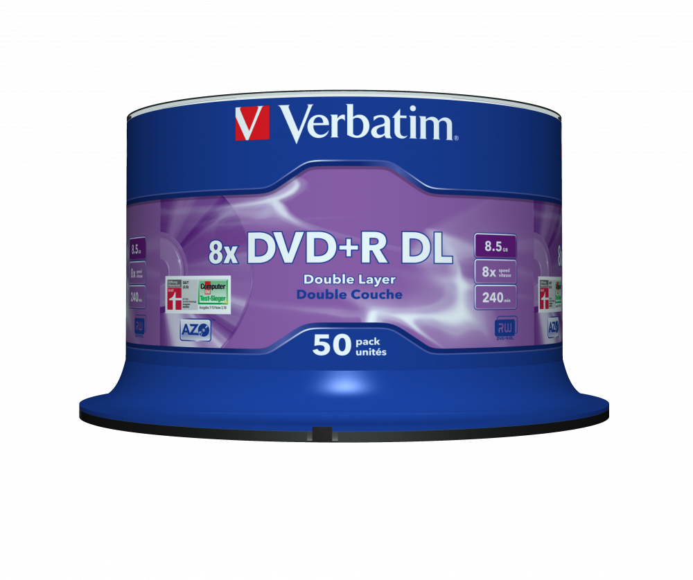 VERBATIM 43758 DVD+R 8,5GB/kétrétegű/8x/matt ezüst írható felület/egyszer írható DVD 50db/csomag