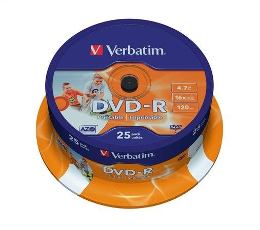 VERBATIM 43538 DVD-R 4,7GB/16x/nyomtatható felület/egyszer írható DVD 25db/csomag