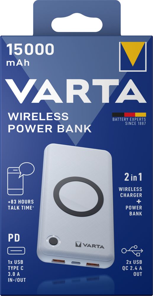 Varta 57908101111 hordozható 15000mAh vezeték nélküli töltő power bank