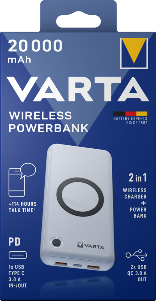 Varta 57909101111 hordozható 20000mAh vezeték nélküli töltő+ power bank