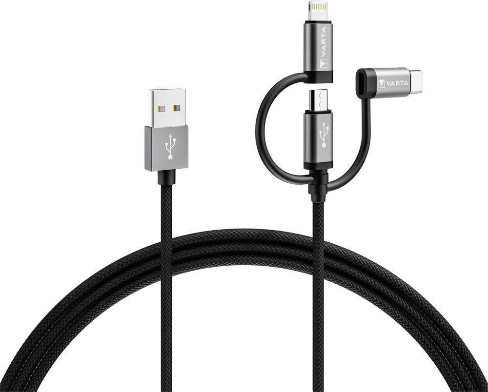 Varta 57937101111 2m 12W 3in1 USB A - Lightning/microUSB/Type C adat- és töltőkábel