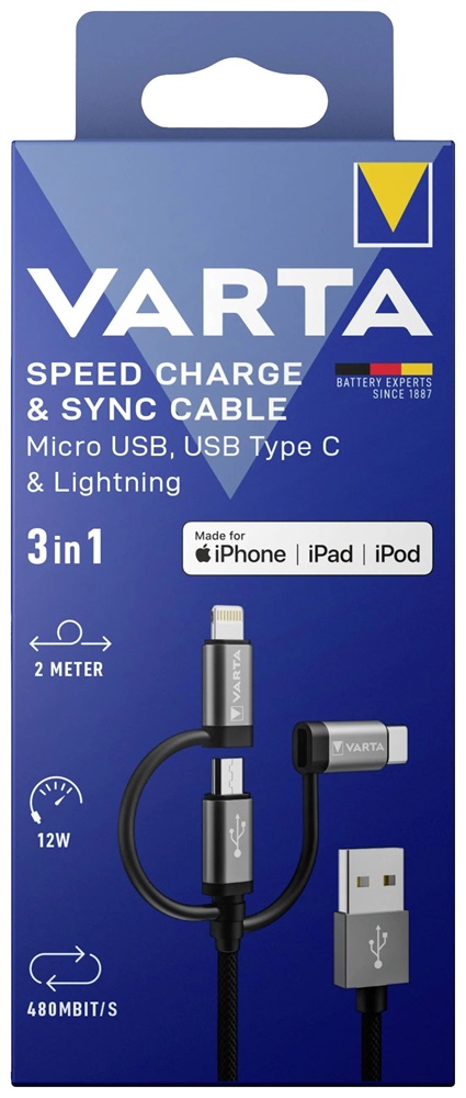 Varta 57937101111 2m 12W 3in1 USB A - Lightning/microUSB/Type C adat- és töltőkábel