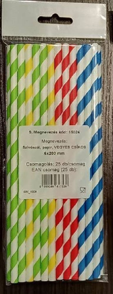 Vegyes színű, csíkos 15024 6mmx200mm 25db/csomag papír szívószál