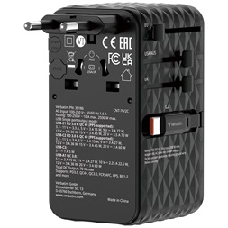 Verbatim 30186 Charge n Travel 70W fekete univerzális utazó adapter 2xUSB-C kábellel