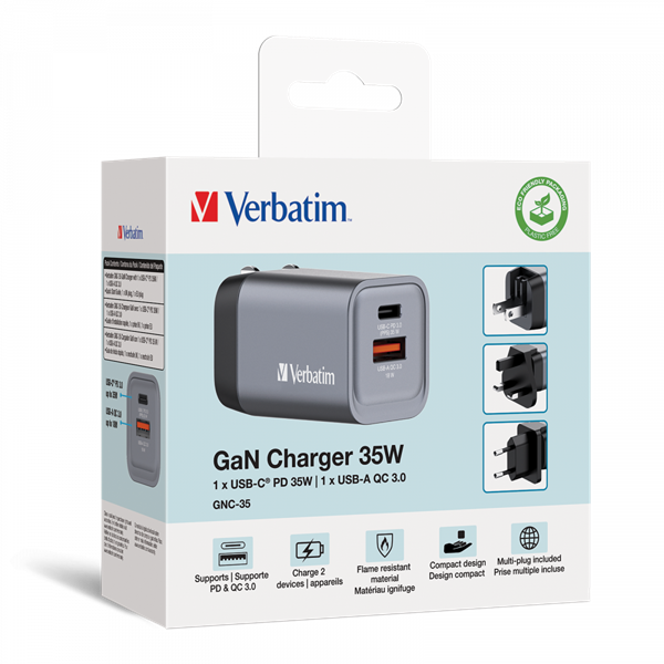 Verbatim 32200 GNC-35 GaN Charger 35W USB Type-A + Type-C hálózati töltő adapter