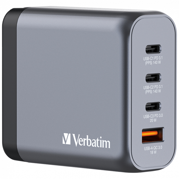 Verbatim 32203 GNC-140 GaN Charger 140W USB Type-A + 3xType-C hálózati töltő adapter