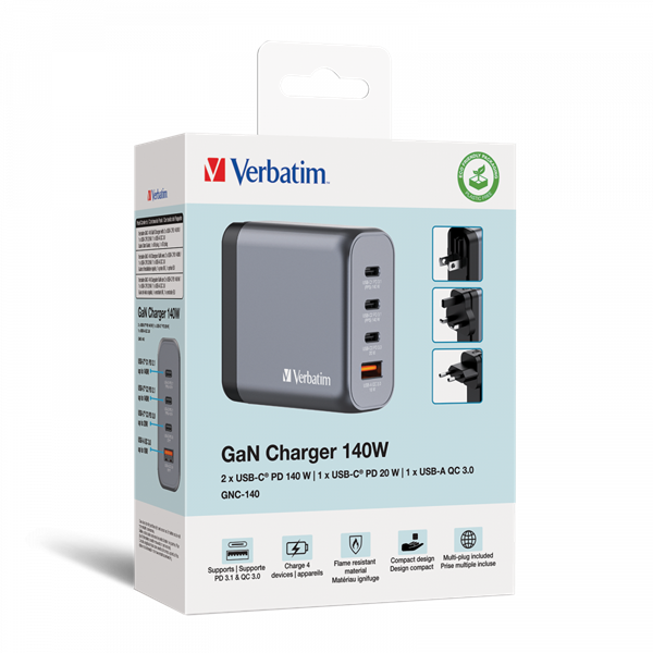 Verbatim 32203 GNC-140 GaN Charger 140W USB Type-A + 3xType-C hálózati töltő adapter