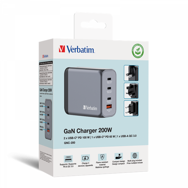 Verbatim 32204 GNC-200 GaN Charger 200W USB Type-A + 3xType-C hálózati töltő adapter