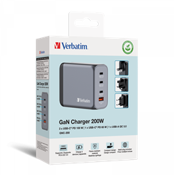 Verbatim 32204 GNC-200 GaN Charger 200W USB Type-A + 3xType-C hálózati töltő adapter