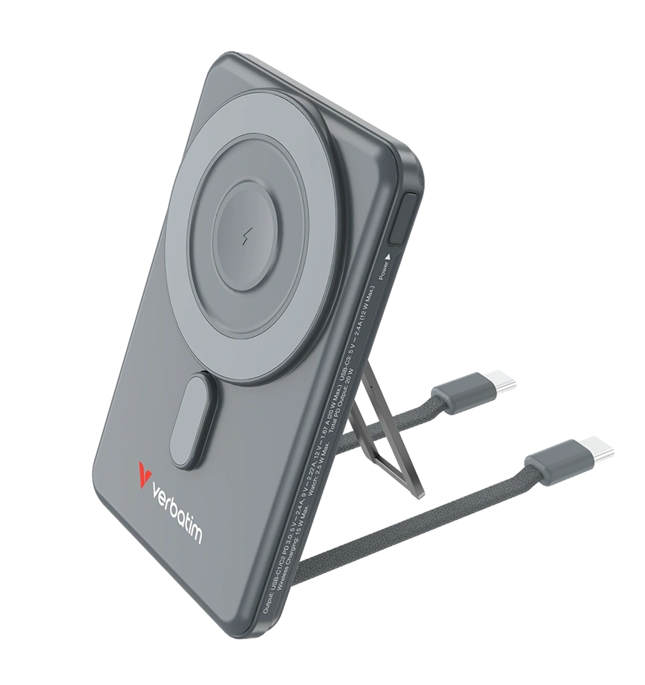 Verbatim 32251 Charge n Go 2C 5000mAh szürke vezeték nélküli mágneses kitámasztható powerbank 2xUSB-C kábellel