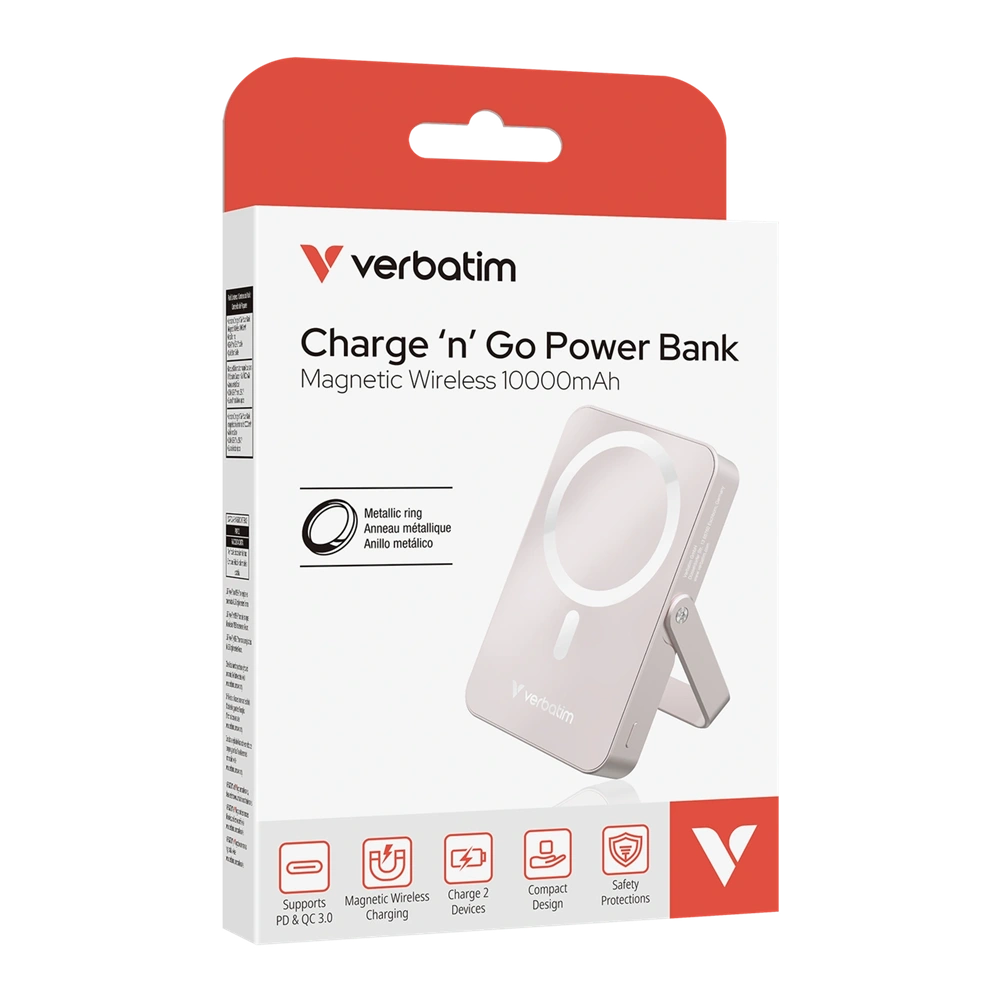 Verbatim 32267 Charge n Go 10000mAh rózsaszín vezeték nélküli kitámasztható mágneses powerbank