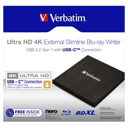 Verbatim 43888 Ultra HD 4K USB 3.1 GEN 1 USB-CTM External Slimline Blu-ray optikai meghajtó