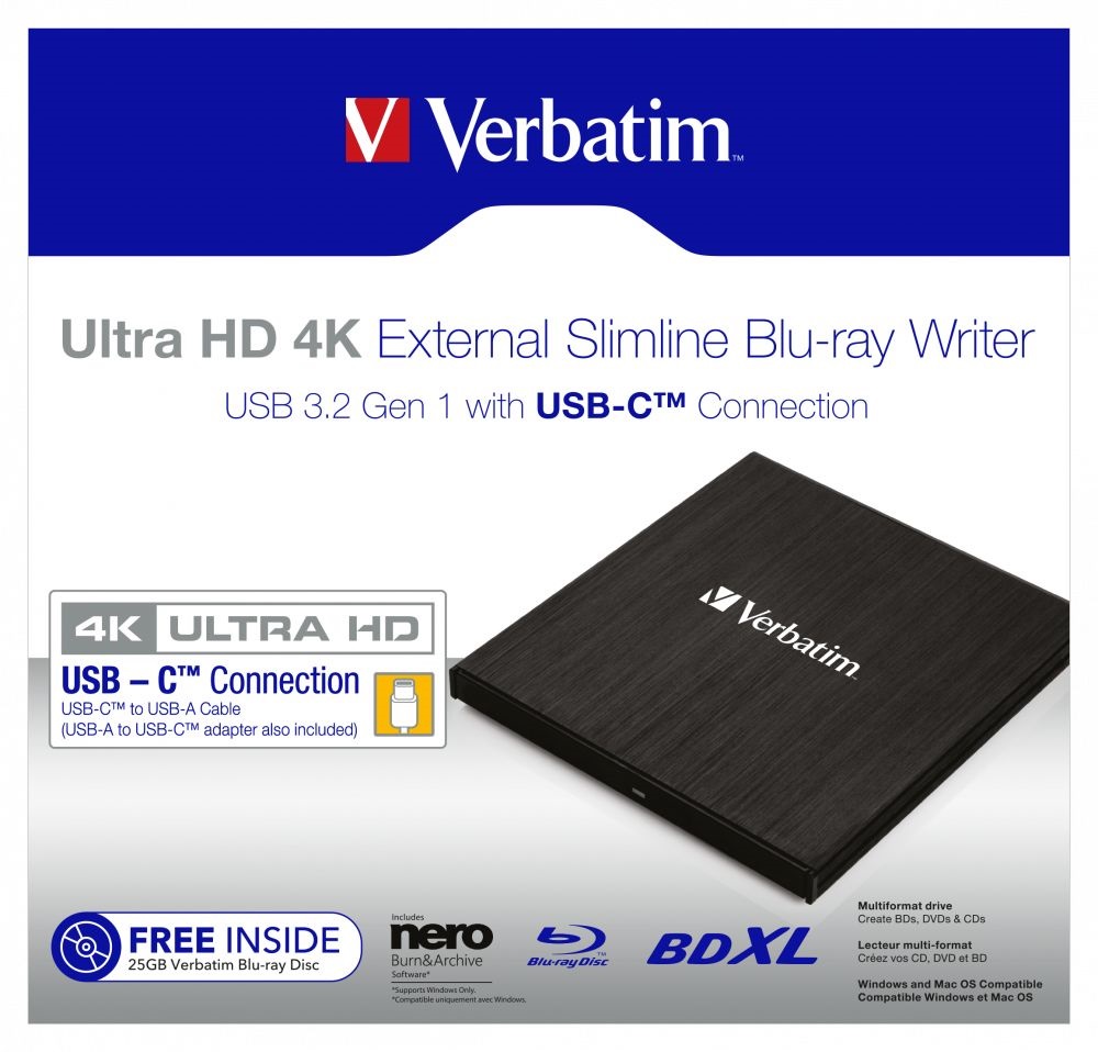 Verbatim 43888 Ultra HD 4K USB 3.1 GEN 1 USB-CTM External Slimline Blu-ray optikai meghajtó