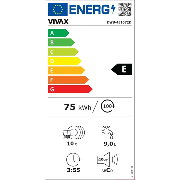 Vivax DWB-451072D programok száma: 7, beépíthető, 10 terítékes mosogatógép