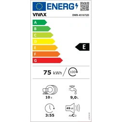 Vivax DWB-451072D programok száma: 7, beépíthető, 10 terítékes mosogatógép