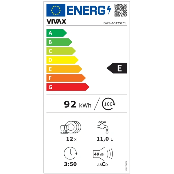 Vivax DWB-601252CL  programok száma: 5, beépíthető, 12 terítékes mosogatógép
