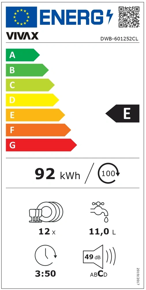 Vivax DWB-601252CL  programok száma: 5, beépíthető, 12 terítékes mosogatógép