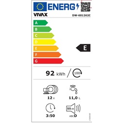 Vivax DW-601262C fehér, programok száma: 6, szabadonálló, 12 terítékes mosogatógép